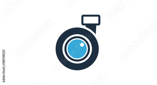 Modern Camera Lens Icon Logo with Light Blue Details and Flash on Isolated White Background