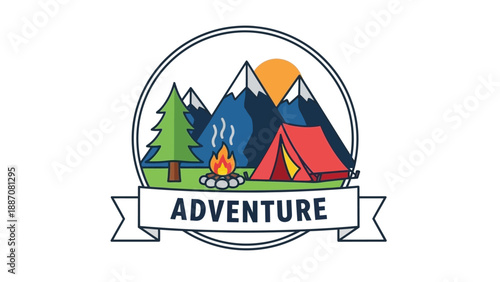 Adventure Camping Icon: Mountains, Tent, Campfire, Tree, Sun