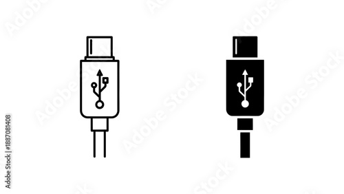 A minimalist vector graphic illustration of two USB connectors in black and white