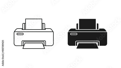A vector graphic illustration of two printer icons in black and white