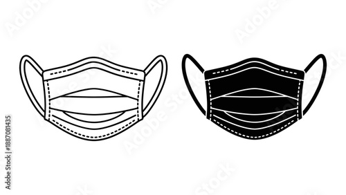 A vector graphic illustration of two face masks in black and white