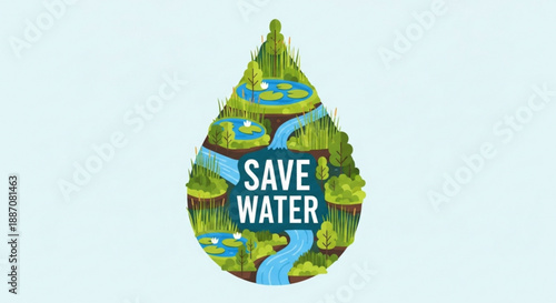 Save water concept with teardrop shaped eco friendly design and rivers in green landscape