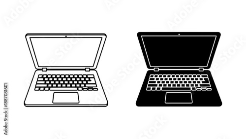 A minimalist vector graphic illustration of two laptops in black and white