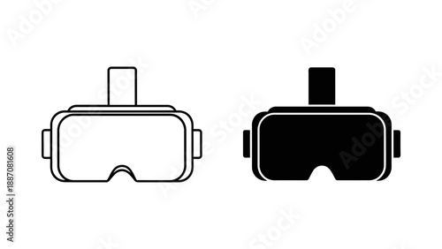 A minimalist vector graphic illustration of two virtual reality headsets in black and white
