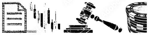 Financial Document, Candlestick Chart, Gavel, and Stacked Poker Chips