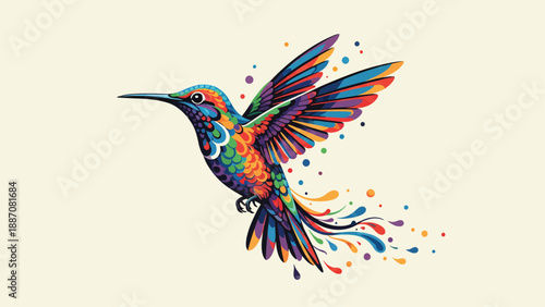 Vibrant Watercolor Hummingbird in Flight with Colorful Splashes.