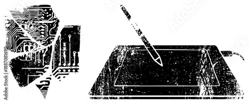 Digital Artist Using Graphic Tablet with Circuit Board Texture Overlay