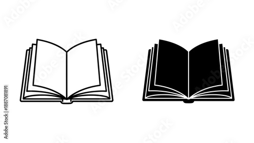 A minimalist vector graphic illustration of two open books in black and white