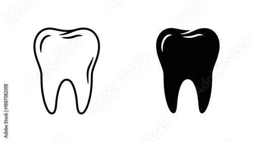A minimalist vector graphic illustration of two tooth icons in black and white