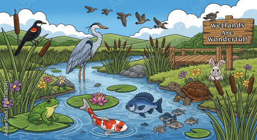 Wetlands ecosystem with diverse wildlife and lush vegetation featuring a pond with fish frogs and a turtle surrounded by birds flowers and a sign reading 'wetlands are wonderful'