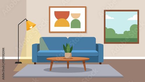 Modern Living Room Interior with Blue Sofa, Abstract Art and Floor Lamp