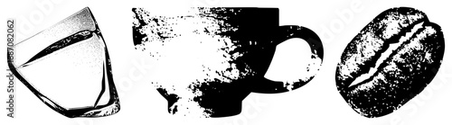 Coffee Cup, Coffee Bean, and Ice Cube in Halftone Vector Illustration