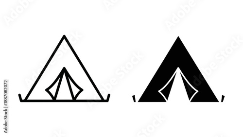 A minimalist vector graphic illustration of two tent logos in black and white