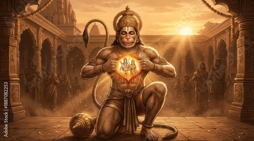 Hanuman kneeling prayer pose glowing heart ancient temple sunset corridor.