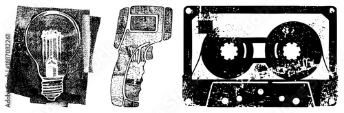 Vintage Tech Light Bulb, Thermometer, Cassette Tape in Halftone Vector