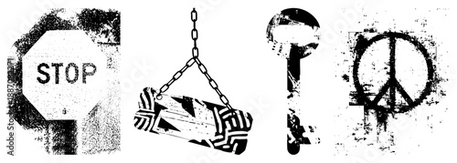 Grunge Styled Stop Sign, Hanging Chain, Key, and Peace Symbol