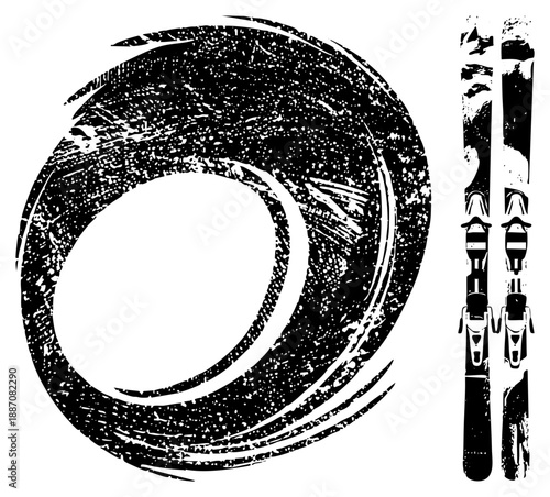 Grunge Styled Ski Pair with Textured Circular Background Element