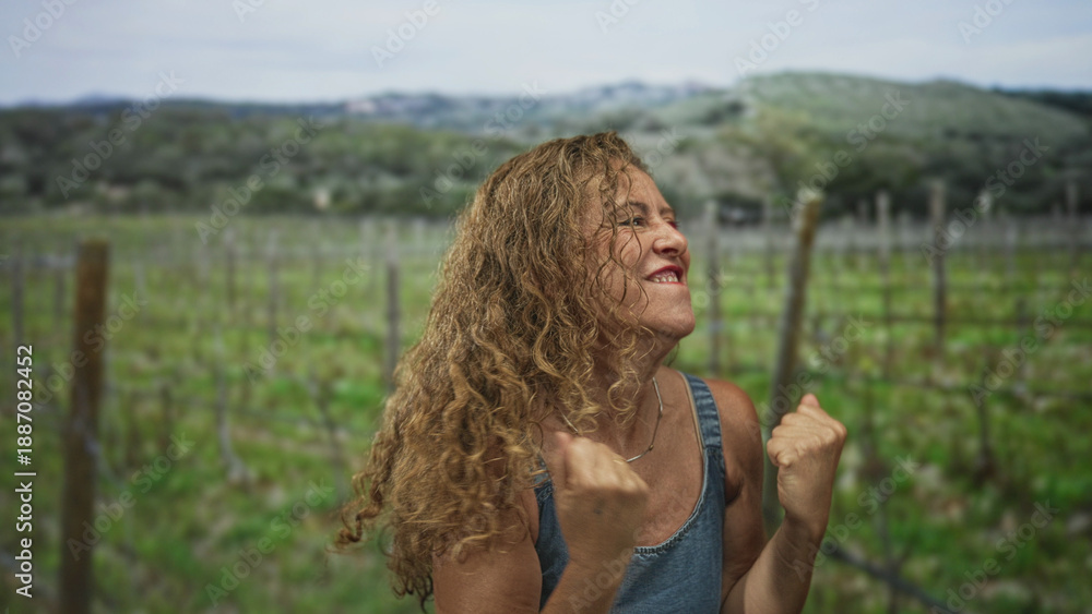 Fototapeta premium Woman clenches fists and smiles in denim dress amid a vineyard with wooden trellis in forest hills; joy triumph.