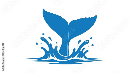Blue whale tail splashing water, ocean wildlife, isolated on white background