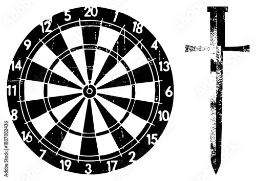 Dartboard Target and Vintage Sword Vector Illustration