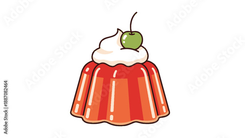 Red Jelly Dessert with Whipped Cream and Cherry on Top Isolated