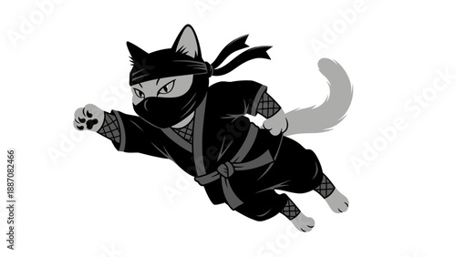 Ninja Cat Flying Action Pose Vector Illustration