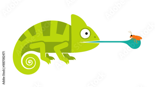 Green Chameleon Catching Insect with Long Tongue Vector Art
