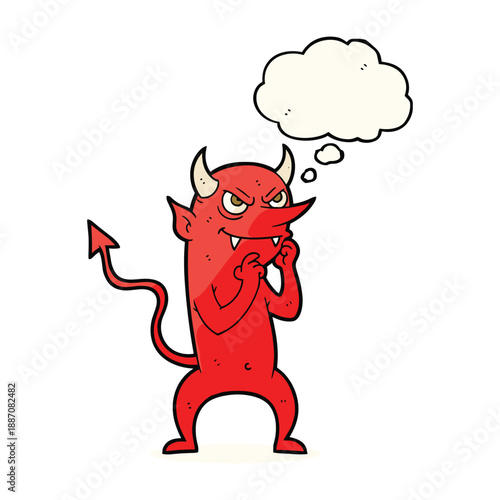 Thinking cartoon devil with thought bubble