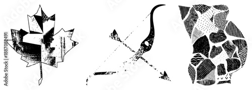 Abstract Halftone Maple Leaf, Bow and Arrow, and Textured Animal Silhouette
