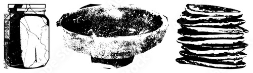 Cracked Glass Jar, Weathered Bowl, and Stacked Discs in Halftone Vector Style