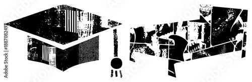 Distressed Graduation Cap and Tassel with Abstract Urban Silhouette