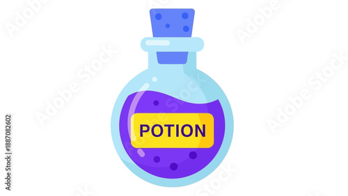 Magical Potion Bottle with Purple Liquid and Label, Vector Illustration