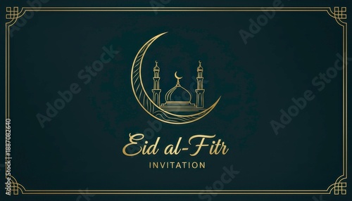 Dark green ornate frame with crescent moon, mosque silhouette, Eid al-Fitr Invitation golden text. Elegant Ramadan greeting card.