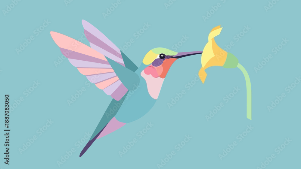 Fototapeta premium Hummingbird Feeding on Flower, Geometric Style, Colorful Vector Art