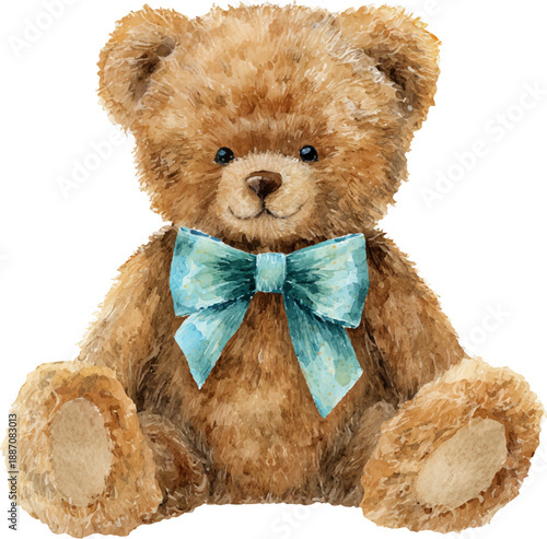 A cuddly teddy bear with a cute bow, watercolor illustration.