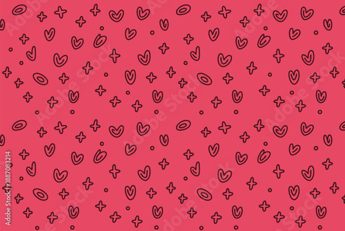 Whimsical red pattern with hearts and stars Vector, illustration