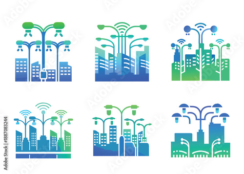 Abstract smart city vector icons set in gradient blue and green colors