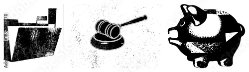 Folder, Gavel, and Piggy Bank Symbols in Halftone Vector Design