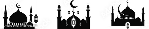mosque with crescent moon and lantern silhouette on white background