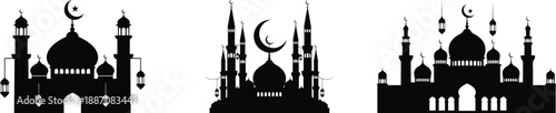 mosque with crescent moon and lantern silhouette on white background