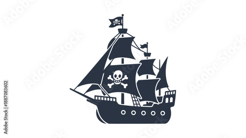 Pirate Ship Silhouette with Jolly Roger Flag and Skull Icon