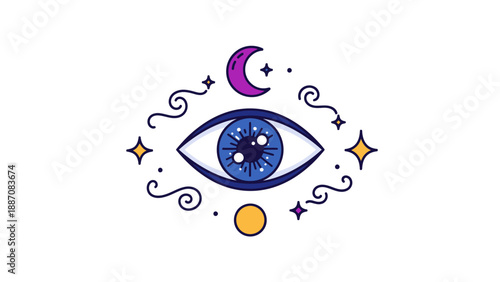 Mystical Eye Symbol with Moon, Stars, and Swirls - Cosmic Vision