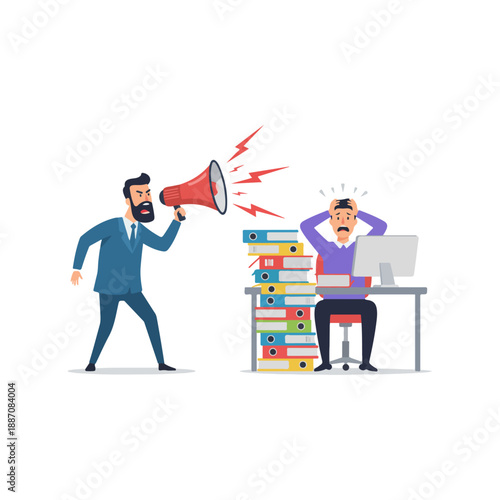 Man Shouting Through Megaphone at Office Worker.