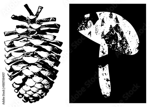 Pinecone and Mushroom Vector Illustration in High Contrast Black and White