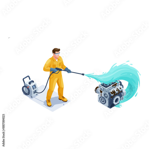 Man in yellow uniform cleaning engine.