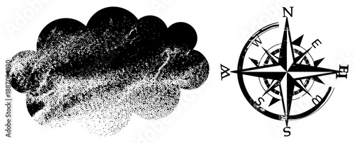 Halftone Cloud and Compass Rose Vector Illustration Set