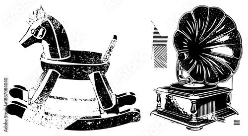 Vintage Rocking Horse and Gramophone Record Player Illustration