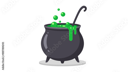 Halloween Witch Cauldron Bubbling Green Potion with Ladle, Vector Icon