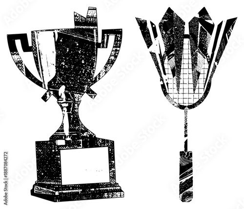 Black and White Trophy and Badminton Racket Vector Illustration