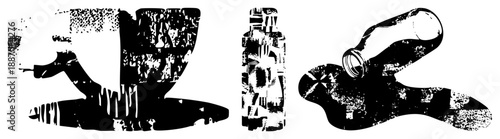 Stylized Black and White Vector of Coffee Cup, Bottle, and Pouring Liquid